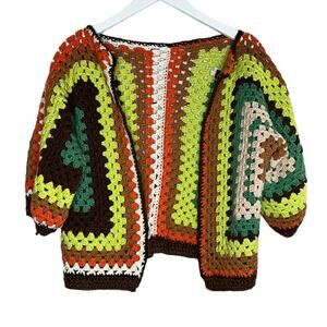 Hand Crochet Hexagon Green Brown 70's Style Crop Cardigan 3/4/ Sleeve Medium